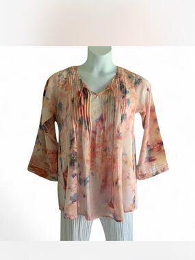Cottage Fairy  Pink-Coral Floral Pintuck Silk blend Peasant Blouse XS Karen Seo